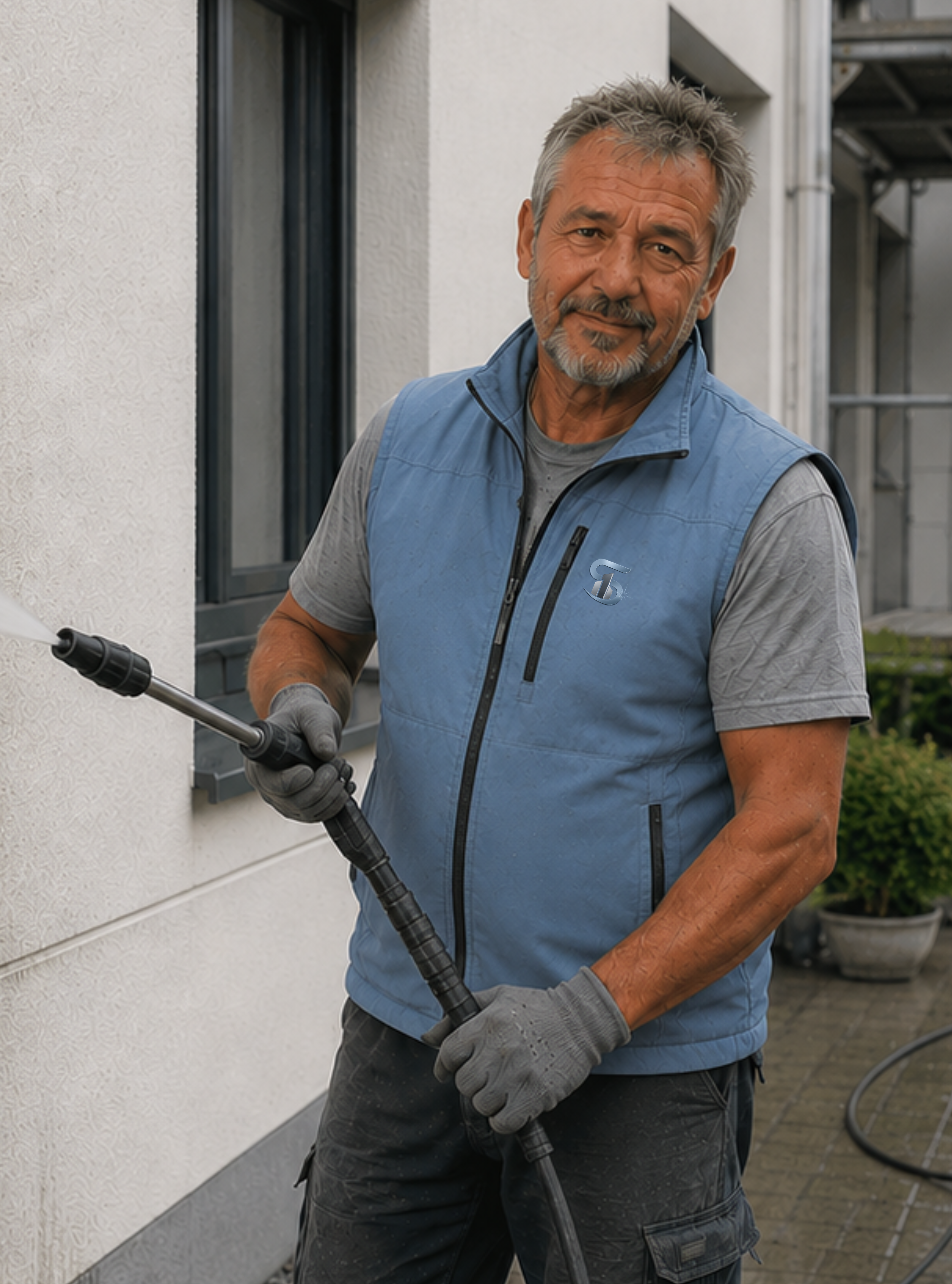 Ein Mitarbeiter von STRAHLPLAN mit einem Hochdruckreiniger bei einer Fassadenreinigung in München